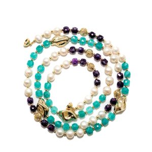 PURPLE, GREEN AGATE NECKLACE WITH PEARL