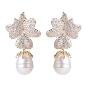 FLORAL ZIRCONIA PEARL EARRING