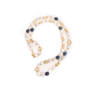 NINI COIN PEARL NECKLACE WITH GOLD AND LAPIS