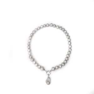 GREY/SILVER PEARL NECKLACE WITH BAROQUE DROP