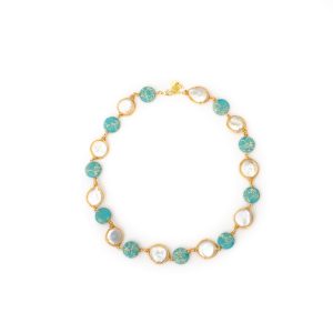 ZEVAR NECKLACE IN TURQUOISE AND WHITE COIN PEARL
