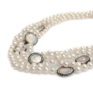 THREE TIER WHITE FRESH WATER PEARL NECKLACE WITH COIN PEARL