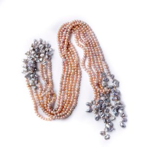 TWO STRAND PINK AND GREY KNOT PEARL NECKLACE